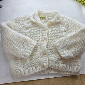 Vintage Baby Infant Sweater Cardigan 12 Month White Acrylic Knit Button USA